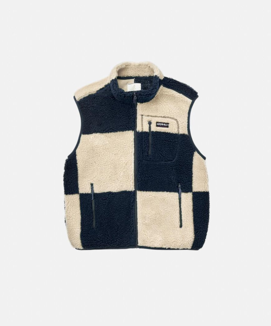 CHECKERED SHERPA VEST,NATURAL / NAVY CHECK, large image number 0